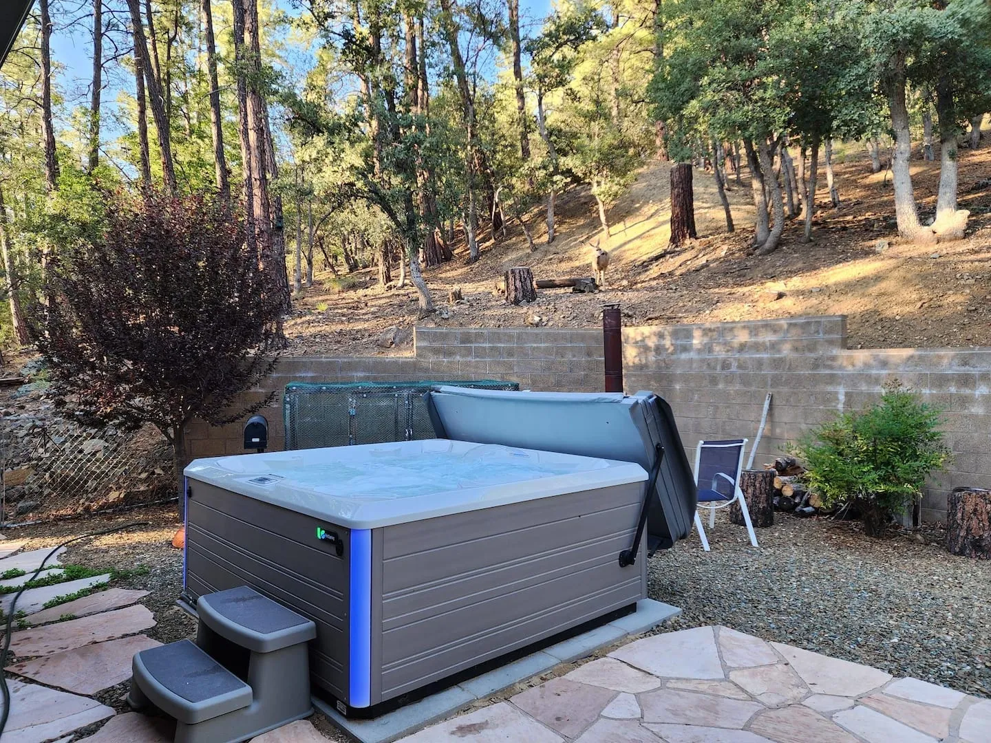 Hot tub on the paver patio, framed by granite and pines