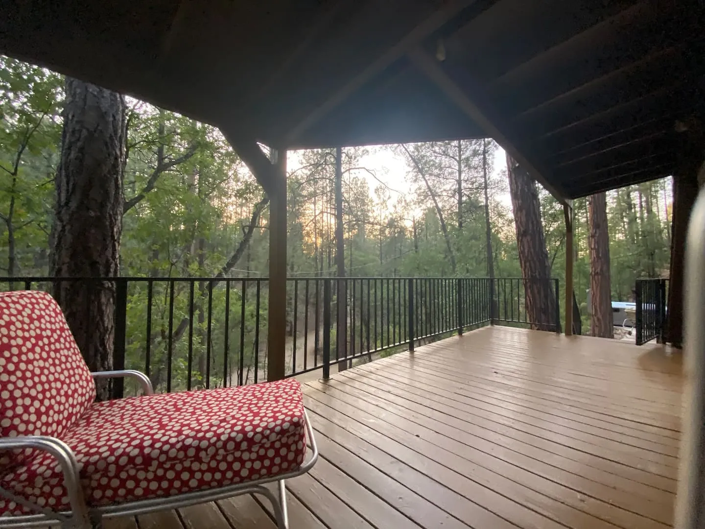 Covered deck with seating and a quiet forest view