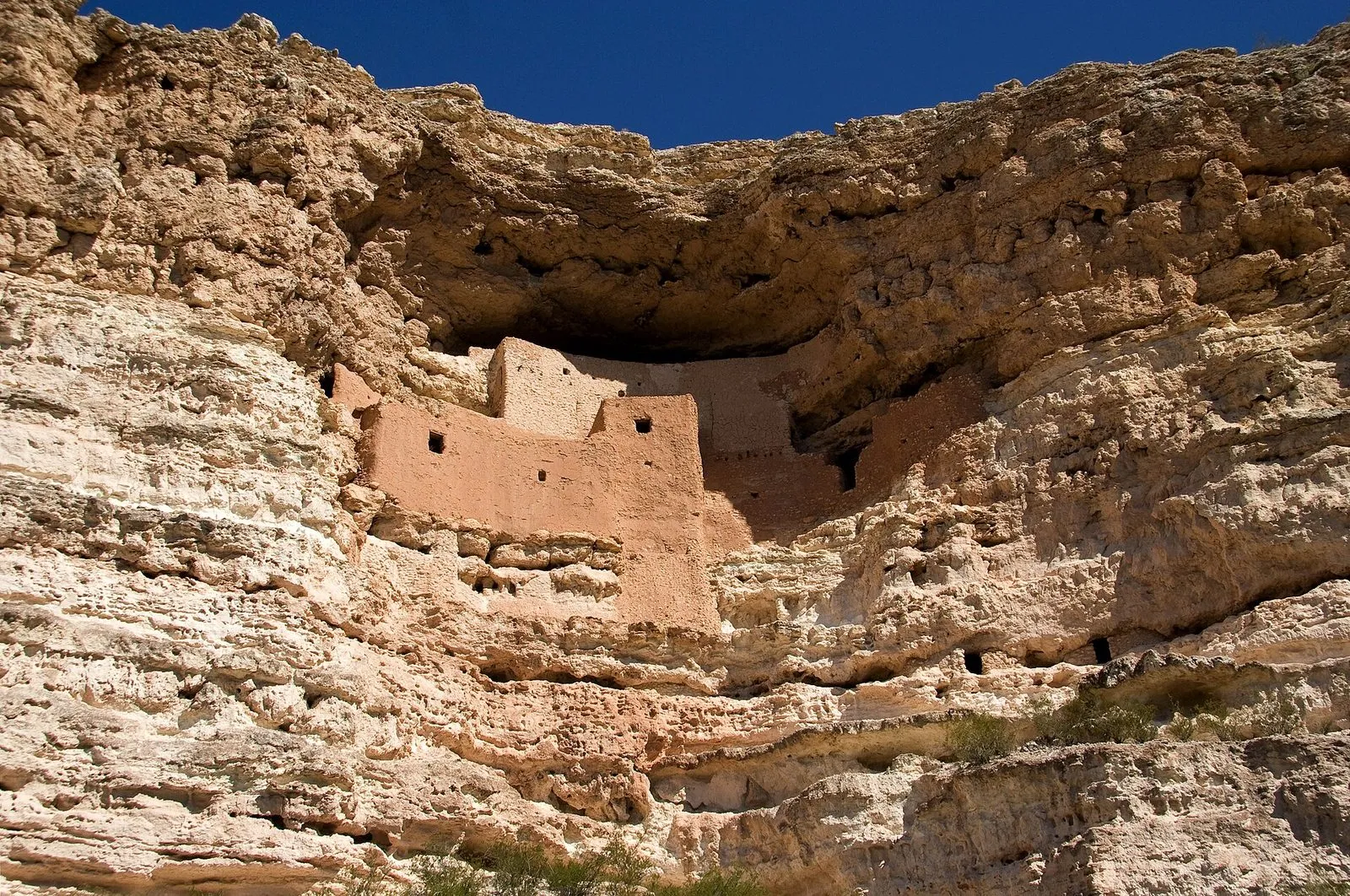 The five-storey Sinagua cliff dwelling of Montezuma Castle set in a limestone alcove above the trees